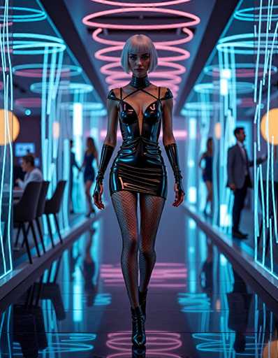 A woman wearing a black leather dress with fishnet stockings and high heels is walking down an illuminated hallway that has neon lights on the ceiling and walls. The background shows other people present in the scene.