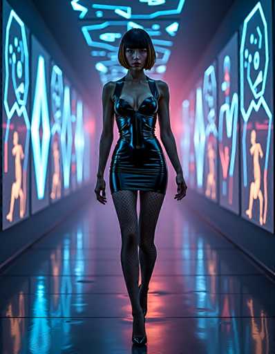 A woman is walking down an illuminated hallway with neon lights and paintings on the walls. She is wearing a black dress that contrasts with the vibrant colors around her. The paintings depict various figures in different poses, adding to the artistic atmosphere of the space.