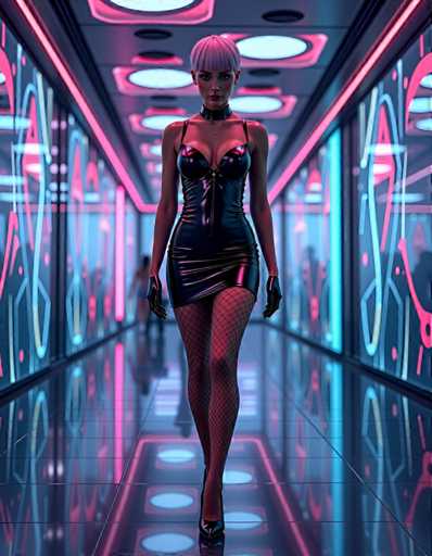 A woman is walking down a hallway with neon lights and blue circles on the walls. She is wearing a black dress and red fishnet stockings.