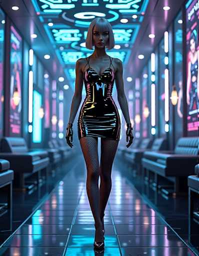 A woman is walking down a hallway with neon lights illuminating her path and casting an ethereal glow on the floor beneath her feet. She is wearing a black dress that contrasts sharply with the vibrant colors of the room. The walls are adorned with posters, adding to the futuristic ambiance of the space.