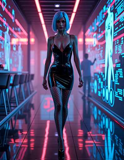 A woman wearing a black dress and fishnet stockings is walking down a hallway with neon lights on the walls that display blue and pink colors.