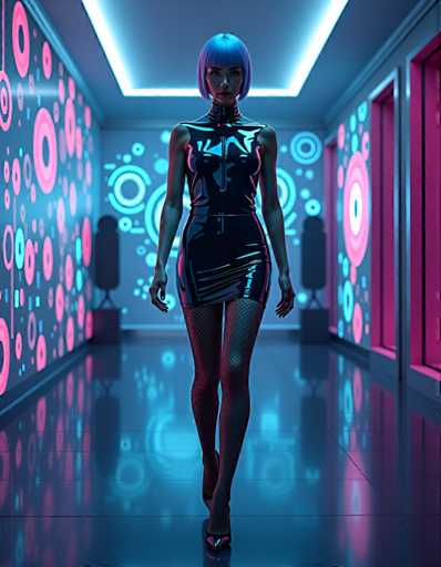 A woman is walking down a hallway with neon lights and circular patterns on the walls. She is wearing a black dress that contrasts with the colorful surroundings. The hallway has a pink wall on one side and a blue wall on the other, creating an interesting visual effect.