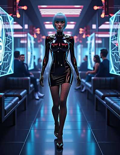 A woman wearing a black leather outfit with fishnet stockings and high heels is walking down a hallway in front of a large window that reflects the neon lights from above. The room has a futuristic design with blue walls and red floor tiles, creating an otherworldly atmosphere. In the background, there are people sitting on couches, adding to the sense of a public space or lounge area.