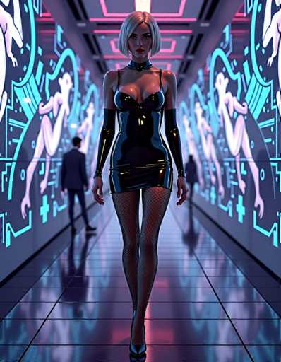 A woman is walking down an illuminated hallway with neon lights and a futuristic design on the walls. She is wearing a black dress that features fishnet stockings and high heels. In the background, there are two men present - one standing behind her and another walking towards her.