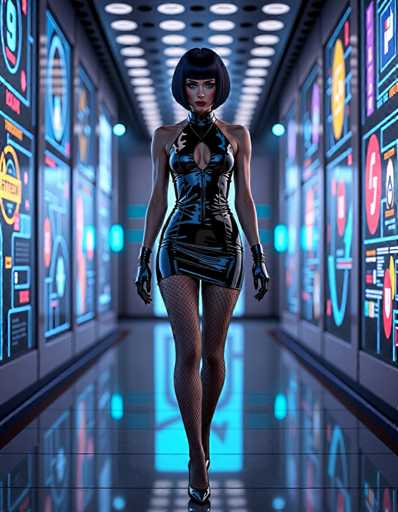 A woman is walking down an empty hallway with a futuristic design and neon lights on the walls. She is wearing a black dress that has fishnet stockings and high heels. The floor of the hallway is made of glass, reflecting the light from the neon signs above her.