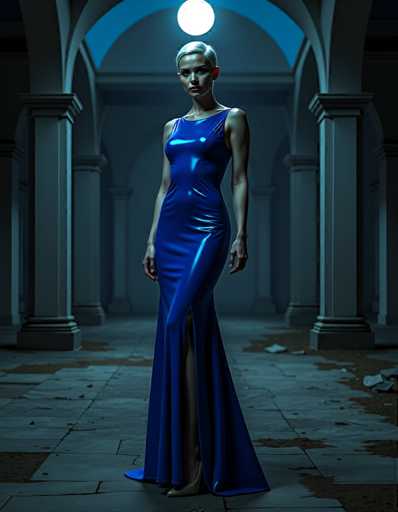 A woman is standing in front of a large archway with columns and a dome, wearing a long blue dress that reaches down to her knees. The background features the same architectural elements as the archway, creating an atmosphere of grandeur and elegance.