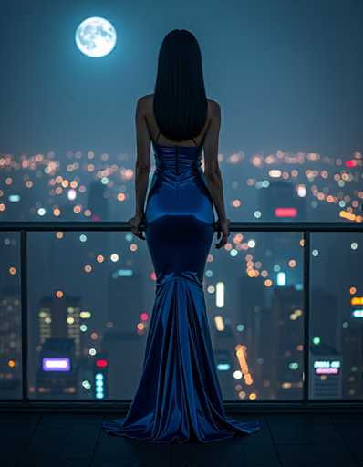 A woman stands on a balcony at night, wearing a blue dress and gazing out over the city skyline below her.