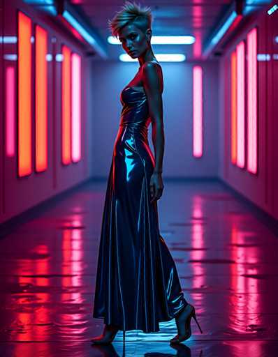 A woman is standing in an indoor space with a long blue dress and high heels on her feet. The room has a pinkish hue from the lights that cast shadows across the floor.
