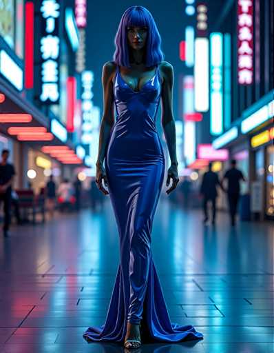 A woman is walking down a city street at night, wearing a blue dress and high heels. The background features neon signs and buildings illuminated with bright lights, creating a vibrant atmosphere.