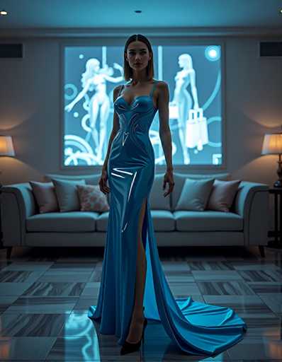 A woman is standing in a room with blue walls and white furniture. She is wearing a long, flowing dress that reaches down to her knees. The room has a large window on the right side of the image, allowing natural light to enter. A painting hangs above the couch, adding an artistic touch to the space.