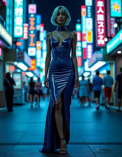 A woman is walking down a city street at night, wearing a blue strapless dress with a plunging neckline and high slit on the left side of her body. She has blonde hair styled in loose waves and is carrying a black purse over her shoulder. The background features neon signs and buildings lit up by bright lights, creating an urban atmosphere.