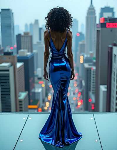 A woman stands on a glass floor in New York City, wearing a blue dress and gazing out at the city skyline.