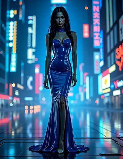 A woman stands confidently on a black floor in front of a city skyline at night. She is wearing a long blue dress with a high neckline and split legs that accentuate her figure. The cityscape behind her features tall buildings adorned with neon signs, creating a vibrant and dynamic backdrop for the scene.