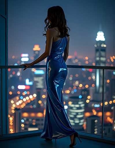 A woman stands on a balcony at night, wearing a blue dress and high heels. The city skyline is visible below her, with tall buildings illuminated by the lights of the city.