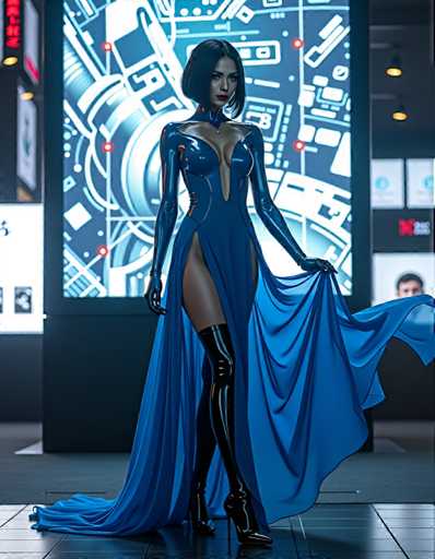 A woman is standing on a stage with her arms outstretched and wearing a blue dress that has a split waist and long sleeves. She is also wearing black boots. The background features a large screen displaying a futuristic cityscape with neon lights and buildings of various sizes.