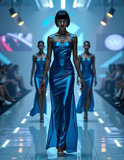 The image shows four models walking down a runway wearing blue dresses with long trainings and high slit dresses. The background is dark, creating a dramatic effect on the runway.