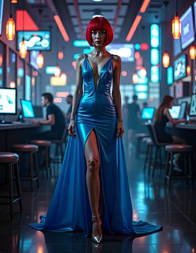 A woman with red hair is standing in a bar or restaurant, wearing a blue dress and high heels. The background features neon lights and other patrons engaged in various activities such as using laptops and reading books.