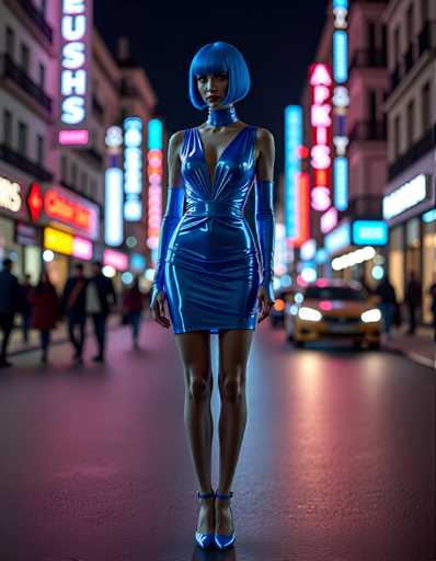 A woman with blue hair is standing on a city street at night, wearing a blue dress and high heels. The background features neon signs from various shops lining the street, creating a vibrant and lively atmosphere.