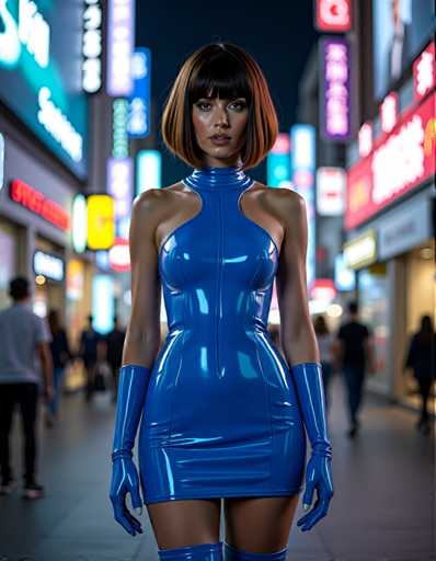 A woman is standing on a sidewalk at night, wearing a blue dress and high heels with black gloves. The background features neon signs from various shops lining the street.