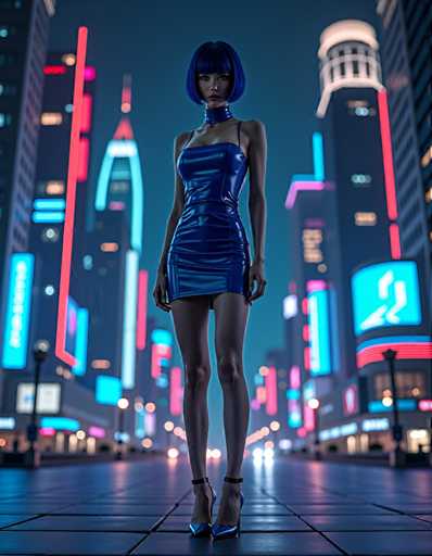 A woman stands confidently on a sidewalk at night, wearing a blue dress and heels that match the neon lights of the city around her. The buildings behind her are illuminated with bright pink and purple lights, creating a vibrant and dynamic urban atmosphere.