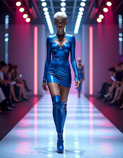 A woman is walking down a runway wearing a blue dress with a cutout design and high boots. The background shows other models on the same runway, suggesting this is part of a fashion show or event.