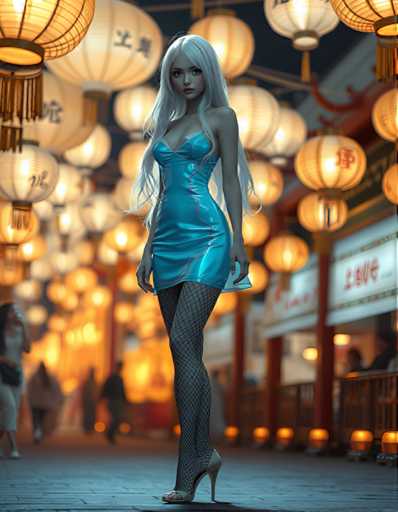 A woman with blonde hair is standing on a sidewalk at night, wearing a blue dress and high heels. The background features numerous white paper lanterns hanging from the ceiling of a building, creating an ethereal glow that illuminates the scene.