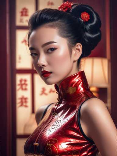 A young woman with dark hair is the central figure in this image. She's wearing a red dress that features a floral pattern and has her hair styled into an elegant updo. The background of the image reveals a room with a red wall adorned with Chinese characters, suggesting a cultural or traditional setting.