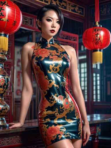 A woman is standing in front of a red lantern and a gold vase with flowers on a table. She is wearing a black and gold dress with a floral pattern. The background features a dark wood paneled wall adorned with Chinese characters.