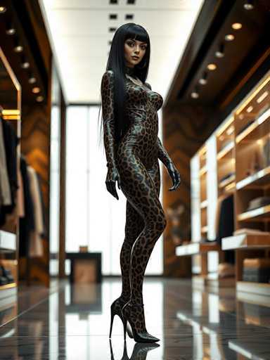 A woman stands confidently in front of a store window display, wearing a striking black and brown leopard print outfit that includes a high-heeled shoe. The background is blurred, but the store appears to be a clothing store with racks of clothes visible behind her.