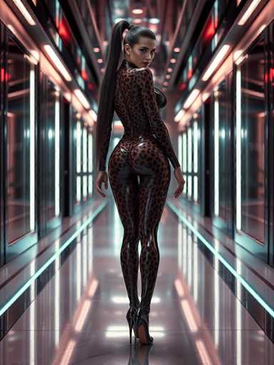 A woman wearing a black and brown leopard print outfit stands confidently in the center of an empty hallway with a large window on one side reflecting pink lights that cast a soft glow throughout the space.