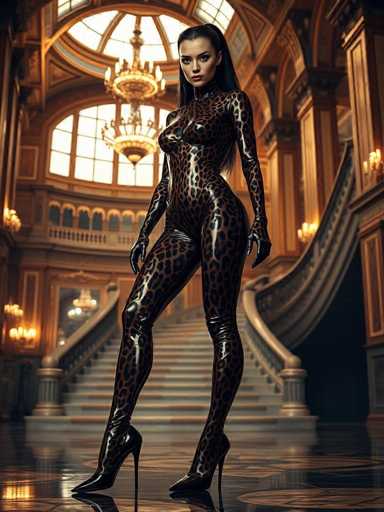 A woman is standing on a marble floor inside an ornate room with gold accents and a large window that allows natural light to flood the space. She is wearing a leopard print outfit consisting of a black bodysuit with a high slit up the side and thigh-high heels, which are currently off. The woman's pose suggests she is posing for a photo or possibly preparing for an event.