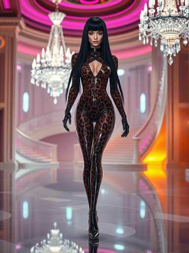 A woman is walking down a hallway with a chandelier hanging from the ceiling and a staircase on her right side. She is wearing a leopard print outfit that includes a top hat and boots. The background features pink walls and white columns, creating an elegant atmosphere.