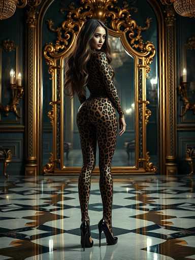 A woman is standing in front of a large mirror with her back turned towards the camera. She is wearing a leopard print outfit that includes high heels and a black top hat. The background features a grand room with gold accents and a chandelier hanging from the ceiling.