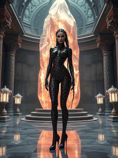 A woman stands confidently on a marble floor in a grand room with columns and a large stone archway at the center. She is wearing a black leopard print outfit that contrasts with the opulent surroundings. The room features a large stone archway adorned with intricate carvings, and two lamps stand on either side of it.