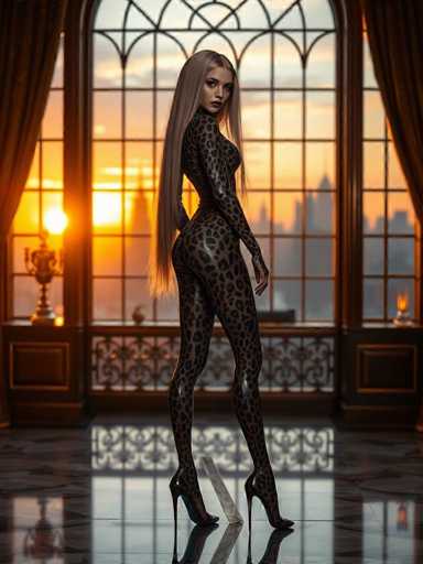 A woman is standing in front of a large window with her back turned towards the camera. She is wearing a leopard print outfit and high heels. The background features an orange sky and a cityscape beyond the window.