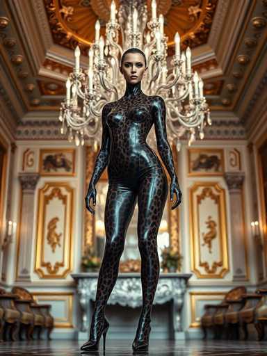 A woman is standing in front of a large chandelier and a mirror with gold accents. She is wearing a black leopard print outfit that includes a bodysuit and high heels. The room has white walls and gold accents on the ceiling and furniture.