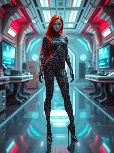 A woman with red hair and a leopard print outfit stands confidently on a reflective floor in front of a computer monitor. The room is filled with various pieces of technology, including monitors and keyboards, creating an atmosphere of technological innovation.