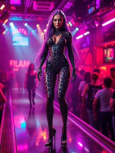 The image shows a woman wearing a leopard print outfit walking down a runway at a club or concert venue with neon lights and a stage backdrop. The woman is the main focus of the image, positioned in front of a crowd that appears to be watching her performance.