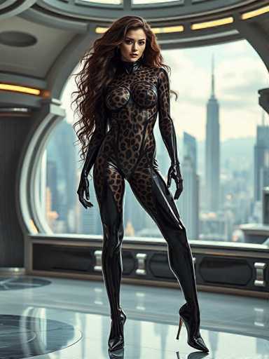 A woman stands confidently on a glass floor in front of a large window that offers an expansive view of the city skyline. She is wearing a leopard print outfit and high heels, exuding an air of elegance and style. The background features a blend of modern architecture with skyscrapers reaching towards the sky, creating a striking contrast between the woman's figure and the towering structures outside.