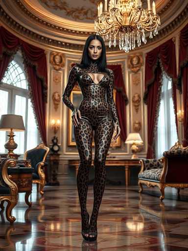 A woman is standing in a luxurious room with gold accents and a chandelier hanging from the ceiling. She is wearing a leopard print outfit that contrasts with the opulent surroundings. The room features a large window on one side and a red curtain on another, allowing natural light to illuminate the space. A white table stands against the wall next to the window, and a gold-colored chair can be seen in the background.