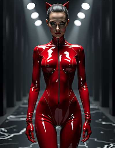 A woman is standing in front of a mirror wearing a red jumpsuit with a zipper down the center and cat ears on her head. She has long hair styled in an updo and is looking directly at the camera. The background features a black hallway with white columns and a large window, creating a stark contrast to the vibrant red color of the woman's outfit.