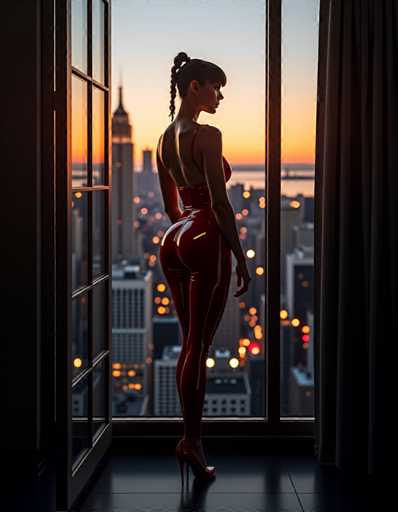 A woman is standing on her tiptoes and looking out a window at the city skyline during sunset. She is wearing a red outfit that contrasts with the warm hues of the setting sun. The cityscape in the background features tall buildings and lights twinkling against the darkening sky, creating a captivating view for the woman to enjoy from her vantage point on the windowsill.