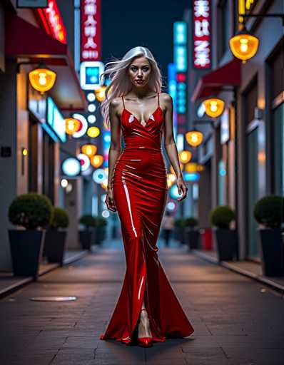 A woman is walking down an alleyway at night, wearing a red strapless dress with a plunging neckline and high slit on the side. She has blonde hair styled in loose waves that falls over her shoulders. The alleyway is lined with buildings on both sides, and there are neon signs hanging from the ceiling above them.