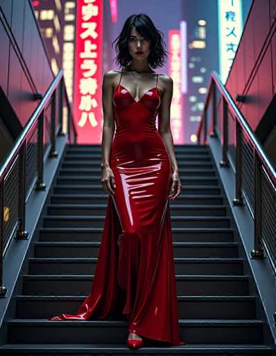 A woman is standing on a set of stairs with her back facing the camera and looking down at the viewer. She is wearing a red strapless dress that falls just below her knees, and she has red heels on. The background features neon signs in various colors, including red, blue, green, and yellow, which are illuminated against the dark sky.