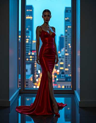 A woman is standing in front of a window with her back turned towards the camera. She is wearing a long red dress that falls down to her knees and high heels. The background shows a city skyline at night, with buildings illuminated by streetlights and neon lights.