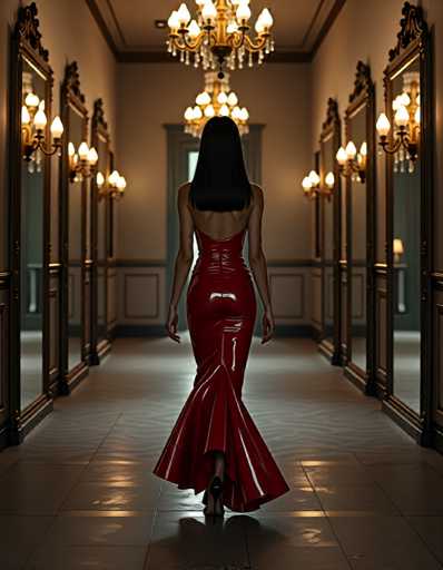 A woman wearing a red strapless dress with a high neckline and long train is walking down an ornate hallway lined with mirrors on both sides of the room. The floor is made of marble tiles that reflect the light from the chandeliers hanging above her head.