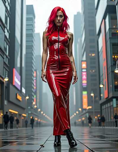 A woman with red hair and a red dress is standing on a city street at night, wearing black boots and facing the camera directly. The background features tall buildings illuminated by streetlights, creating an urban atmosphere.