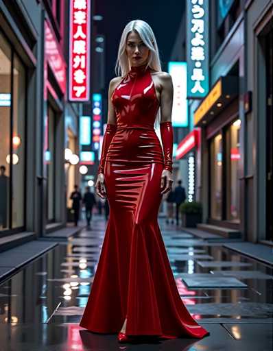 A woman is standing on a sidewalk at night wearing a red dress and high heels with white gloves. The background features neon signs and buildings lining the street.