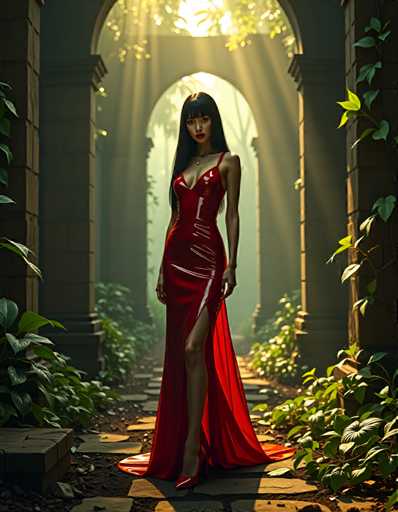 A woman stands confidently on a stone path in a lush garden, wearing a striking red strapless dress with a high slit and heels that match the color of her hair. The garden is filled with verdant plants and trees, creating an ethereal atmosphere as sunlight filters through the arches above, casting long shadows and highlighting the woman's figure against the backdrop of nature.