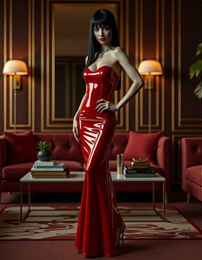 A woman stands confidently in front of a red sofa and coffee table, wearing a striking red strapless dress with a high neckline and long sleeves that falls just below her knees. The room is tastefully decorated with gold accents, including two lamps on either side of the sofa and a mirror above it. A plant sits on the left side of the sofa, adding a touch of greenery to the scene.